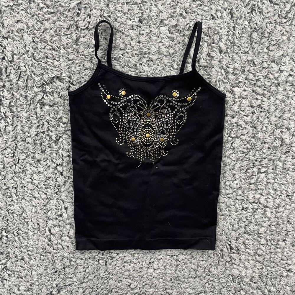VTG Black Babydoll Tank Top Fairy Rhinestones Sparkly Festival Boho Hippie Y2K